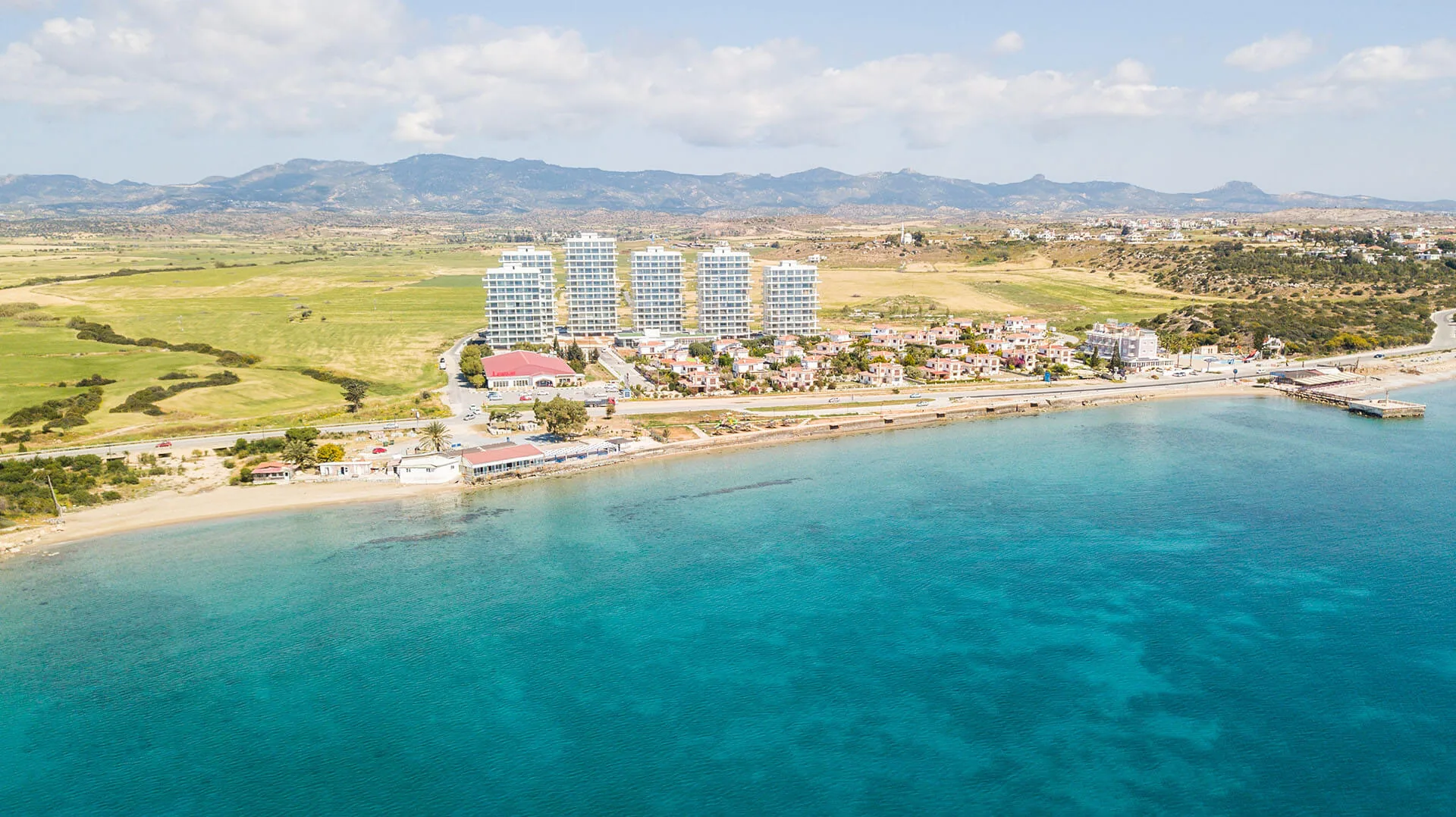 The Iskele coastline, with Abelia Residence behind the beach