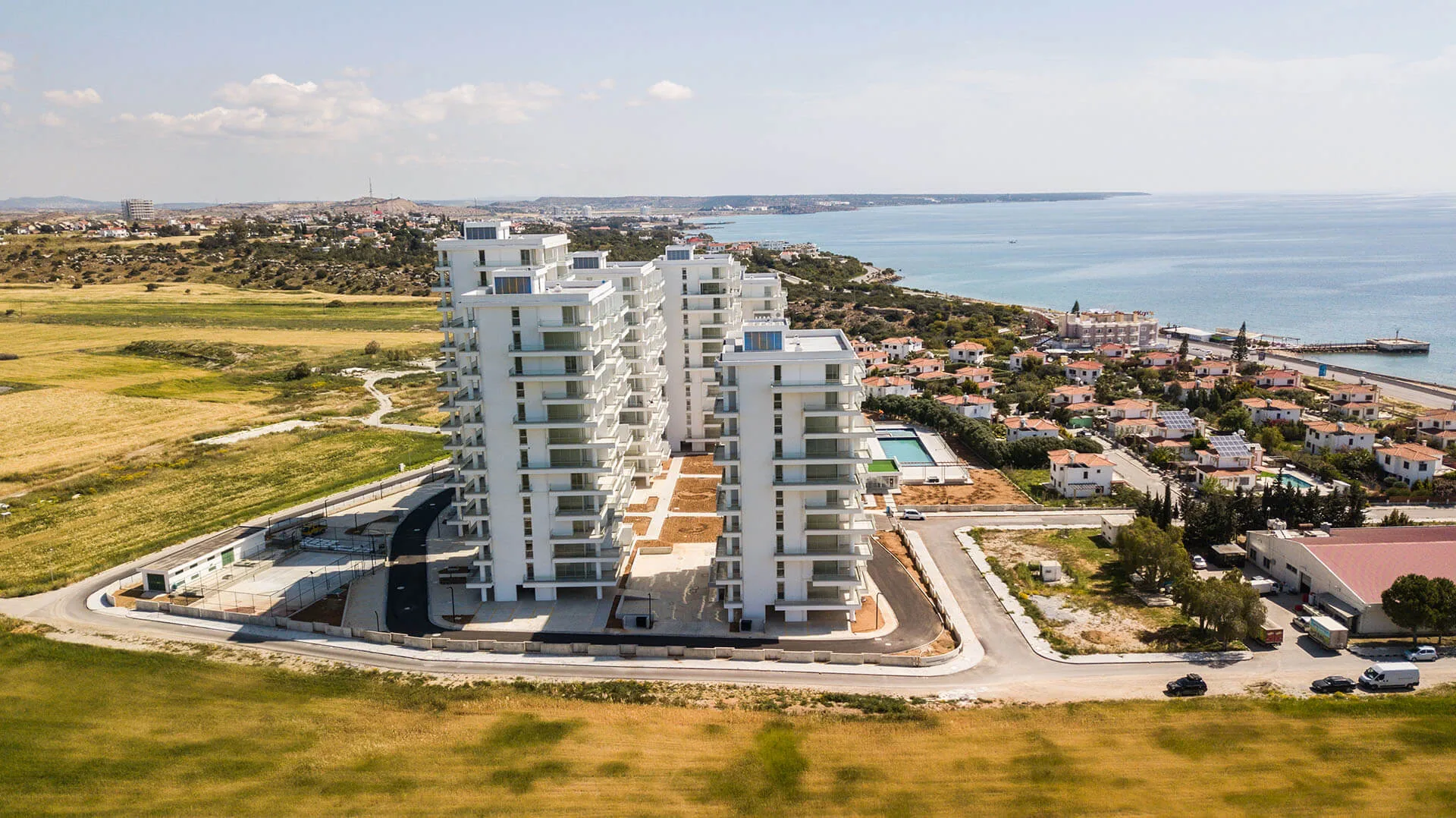 Abelia Residence from the air, with its pool and the Iskele coast