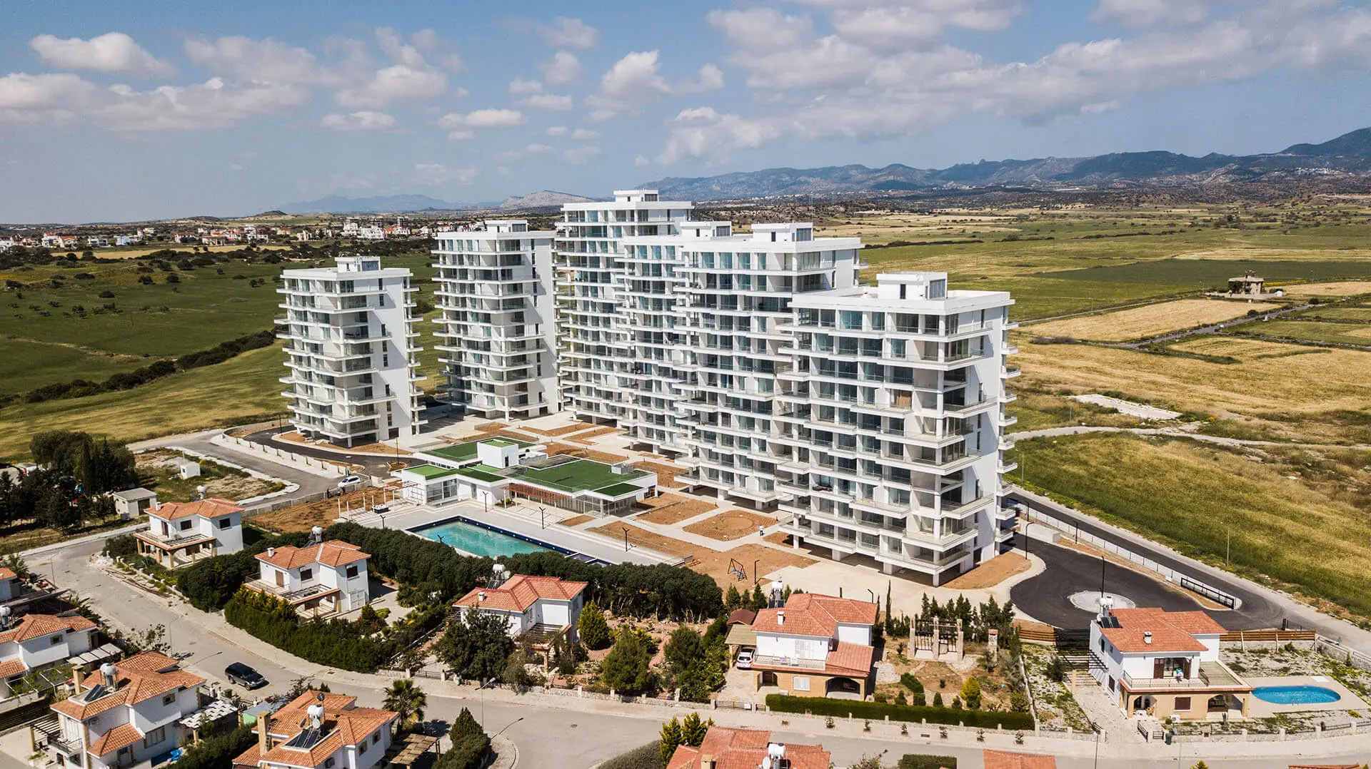 Abelia Residence and its pool from the air