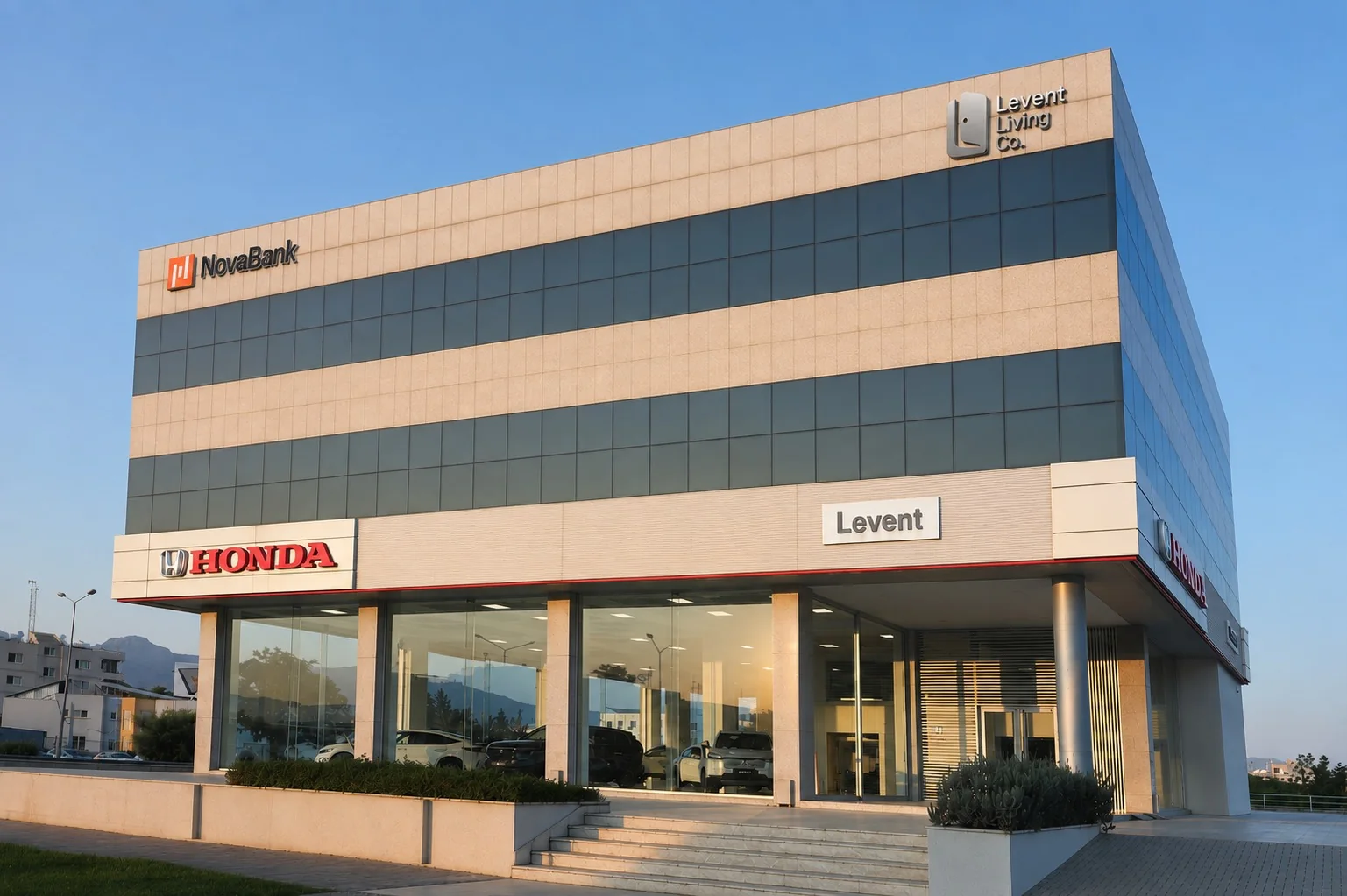 Levent head office in North Cyprus, with the Honda, NovaBank and Levent Living signs