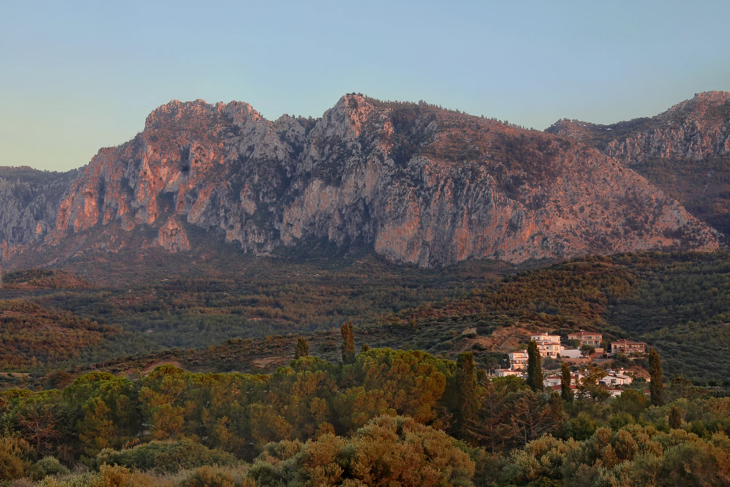 The Kyrenia mountain range above a village in North Cyprus at golden hour