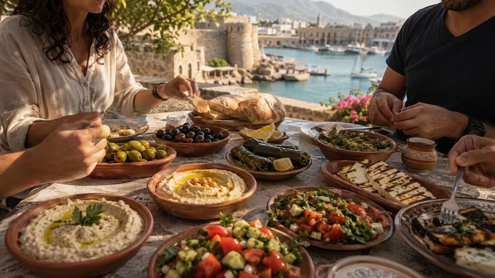 A mezze table above Kyrenia harbour
