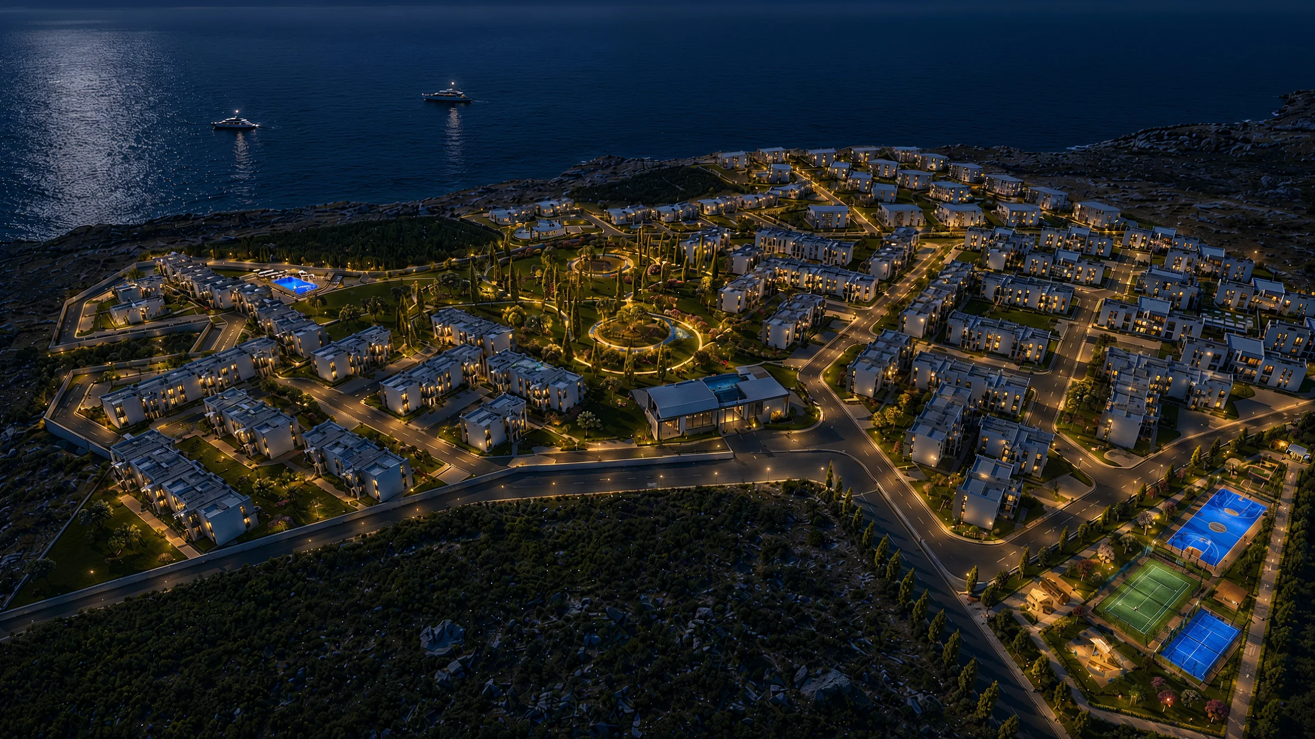 Aerial view of the Verde Mare development at dusk