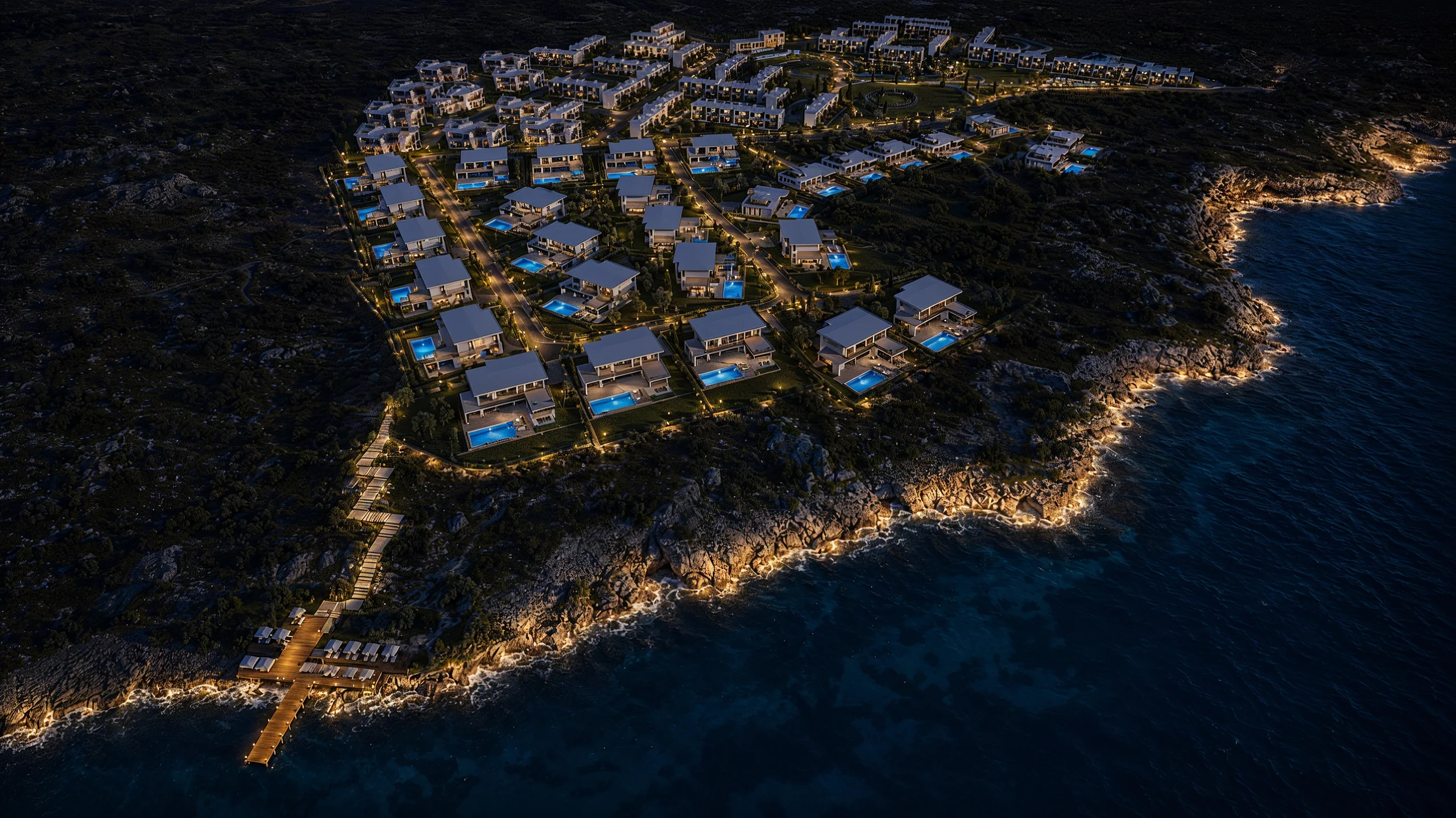 Verde Mare villas on the headland at night