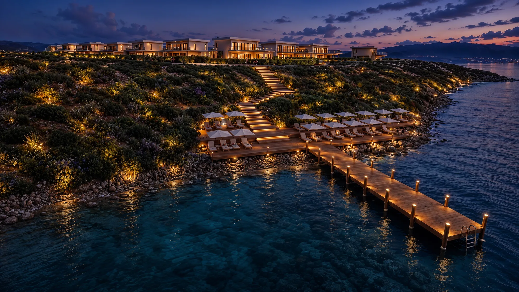 Verde Mare cove and pier lit at night