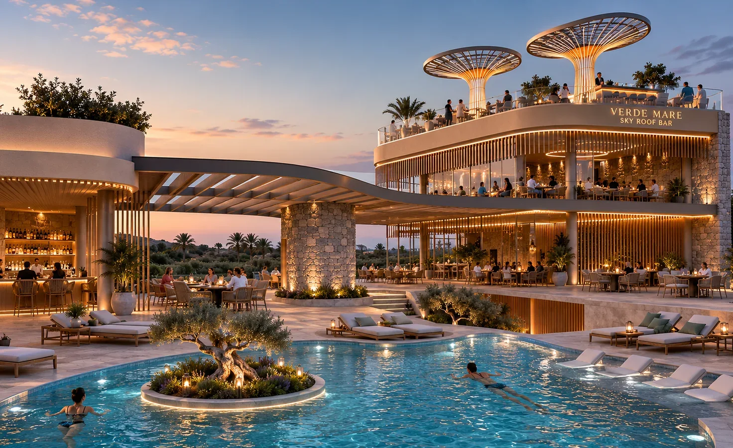 Verde Mare clubhouse and pool at dusk