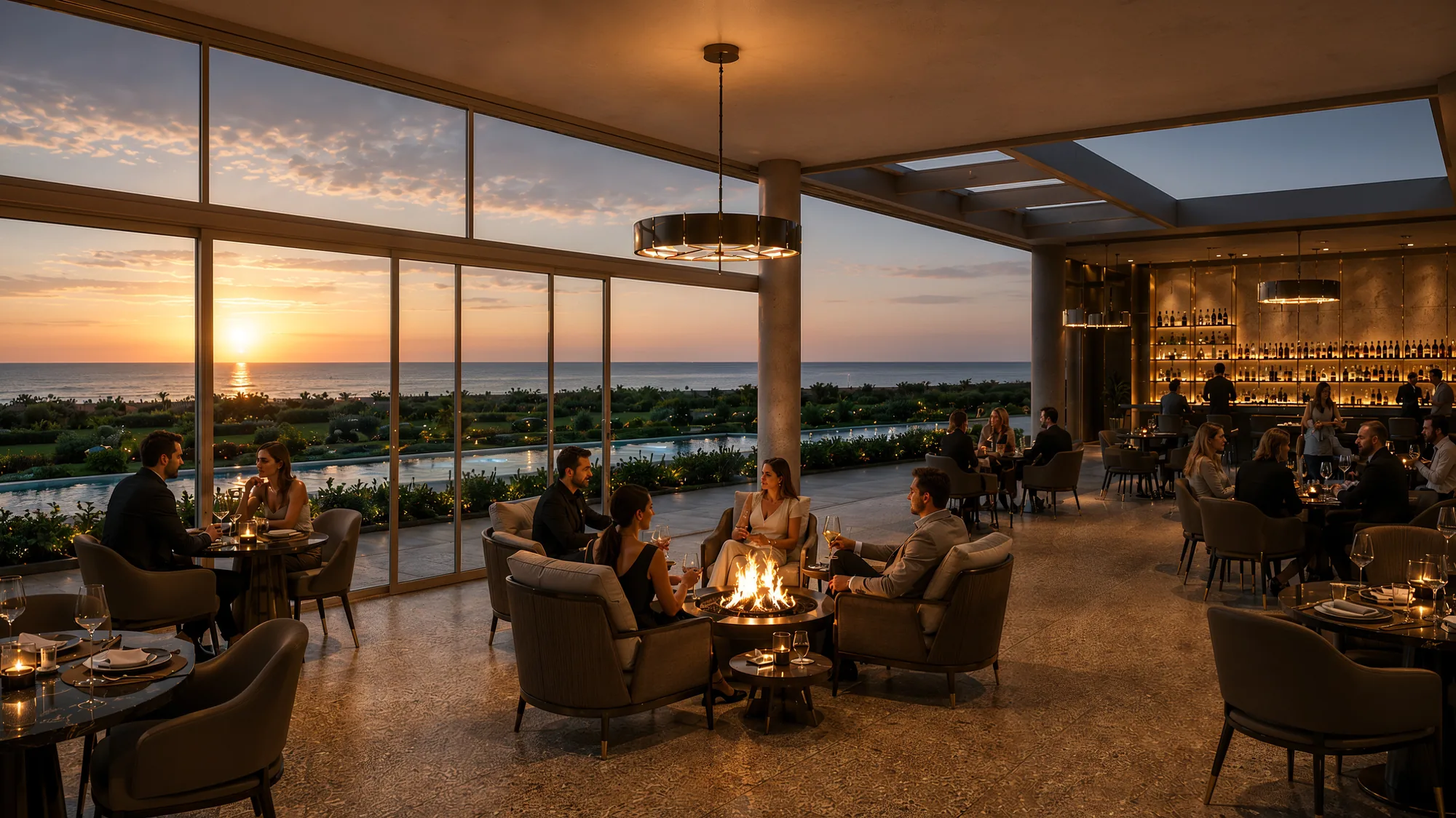 Verde Mare social facility, lounge at sunset