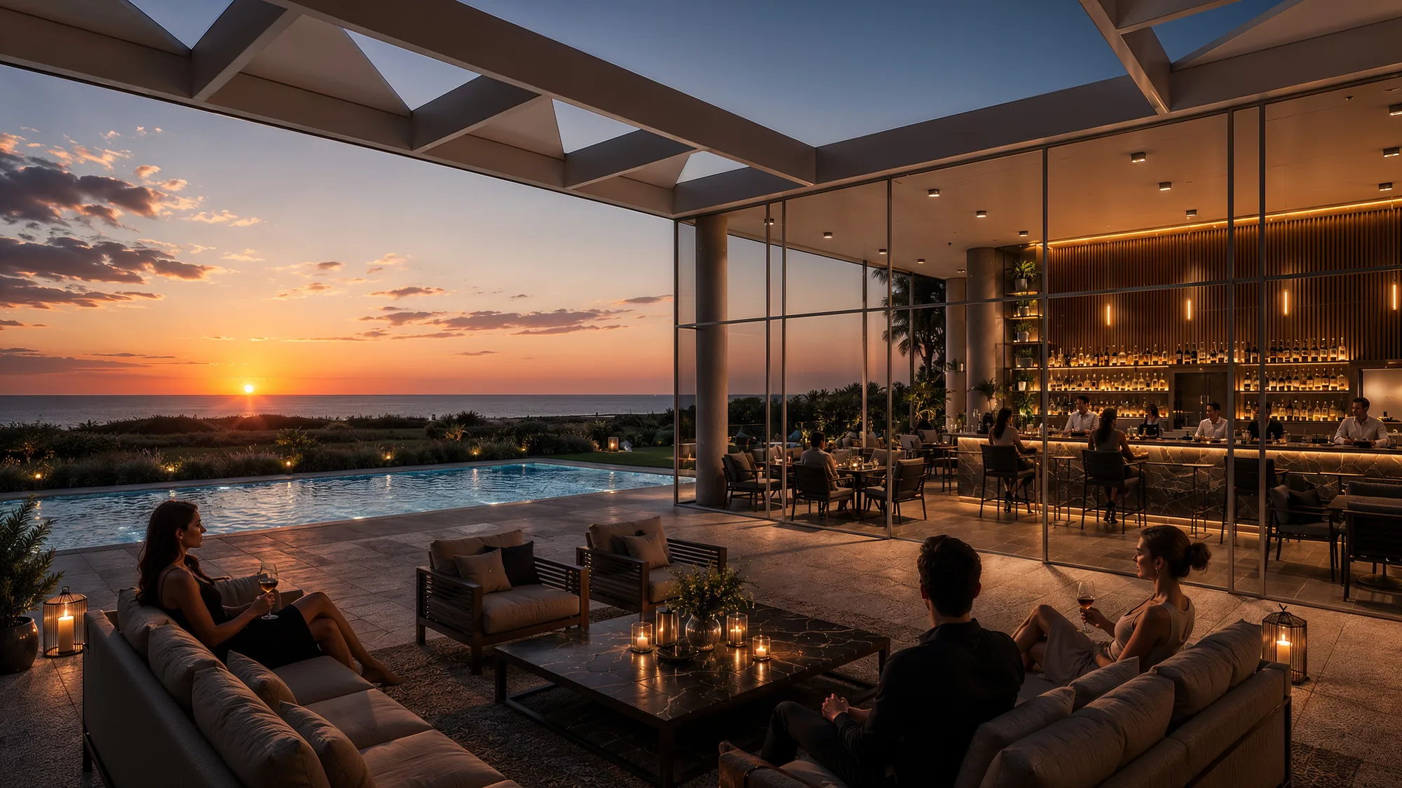 Verde Mare social facility, terrace and pool at sunset