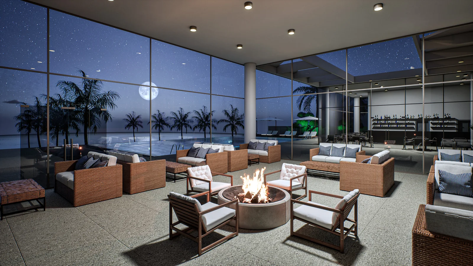 The fire pit lounge at Verde Mare at night