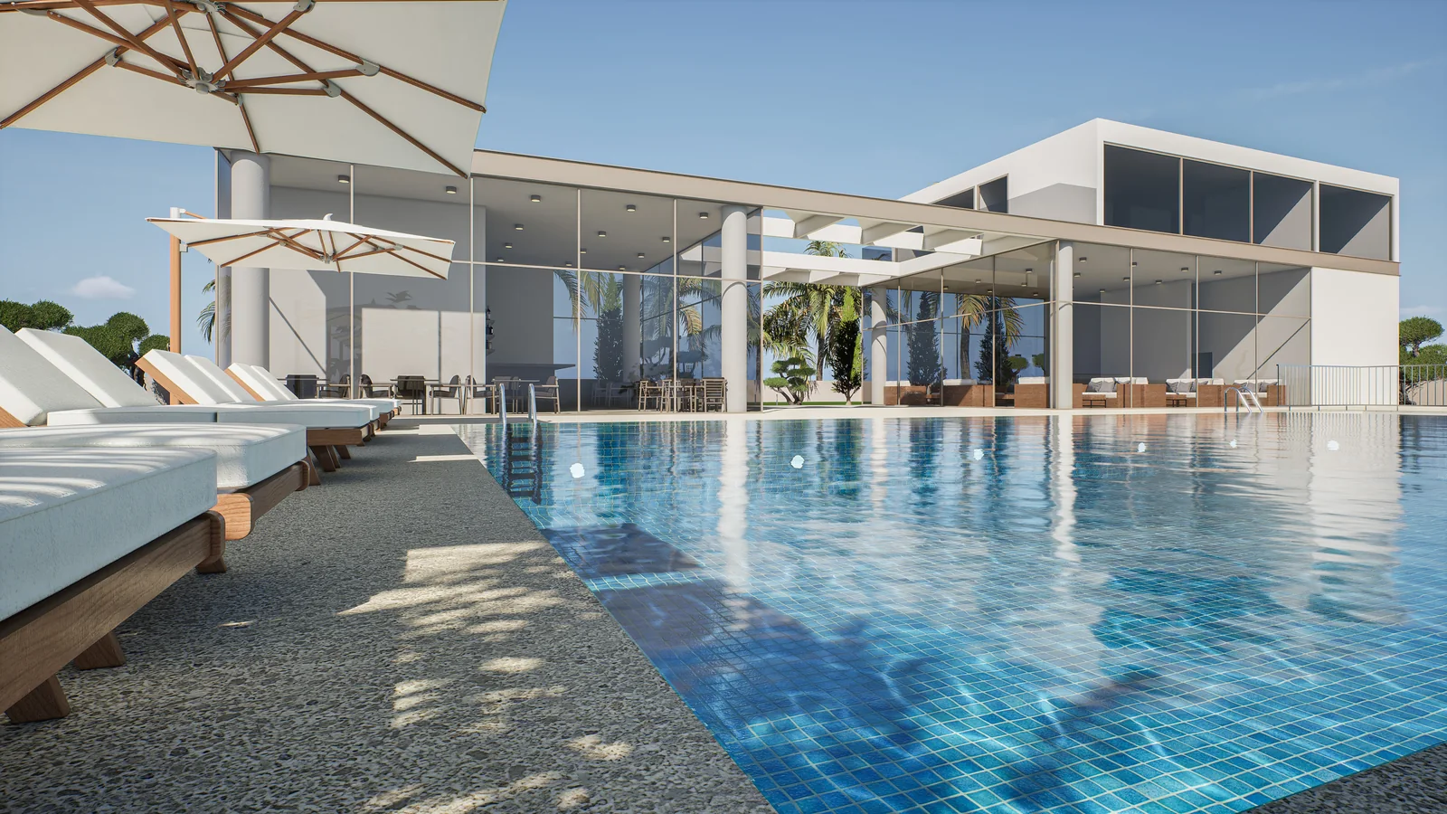 The Verde Mare pool and social building by day