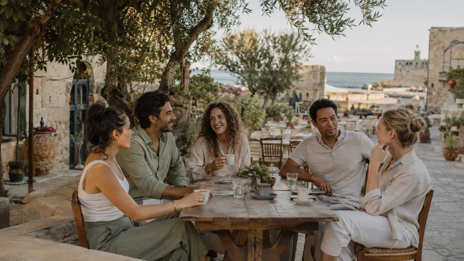 International residents sharing coffee at an outdoor table in a stone coastal town